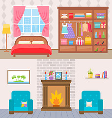 Image showing Bedroom with furniture and window. Wardrobe with clothes and mirror. Flat style vector illustration.