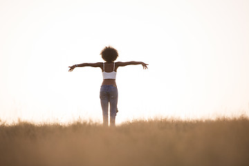 Image showing young black girl dances outdoors in a meadow