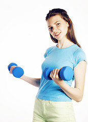 Image showing young pretty slim woman with dumbbell isolated cheerful smiling, real sport girl next door, lifestyle people concept