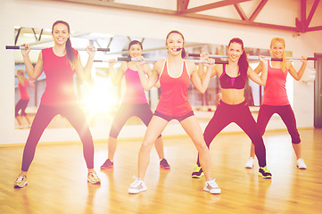 Image showing group of smiling people working out with barbells