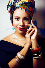 Image showing beauty bright african woman with creative make up, shawl on head