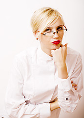 Image showing very emotional businesswoman in glasses, blond hair on white bac