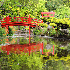 Image showing Red bridge in Japanese garden