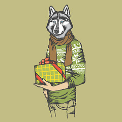 Image showing Husky in human sweatshirt with gift