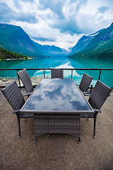 Image showing Cafe on the nature background lovatnet lake.