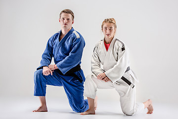Image showing The two judokas fighters posing on gray