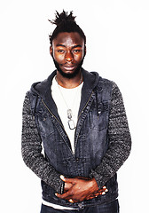 Image showing young handsome african american boy smiling emotional isolated on white background, in motion gesturing smiling, lifestyle people concept