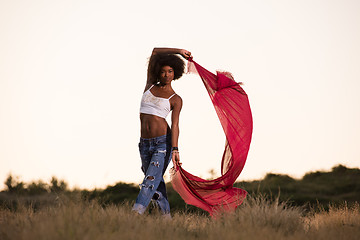 Image showing black girl dances outdoors in a meadow