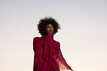 Image showing outdoor portrait of a black woman with a scarf