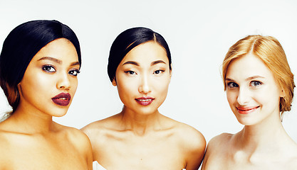 Image showing three different nation woman: asian, african-american, caucasian together isolated on white background happy smiling, diverse type on skin, lifestyle people concept