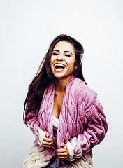 Image showing young happy smiling latin american teenage girl emotional posing on white background, lifestyle people concept