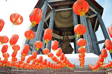 Image showing Guanyin and a red lanterns in Chinese Temple Penang, Malaysia