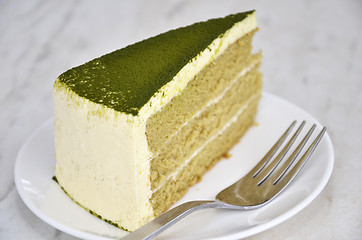 Image showing Green tea cake on table 