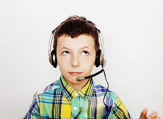 Image showing young pretty little boy kid wondering, posing emotional face isolated on white background, gesture happy smiling close up, lifestyle people concept