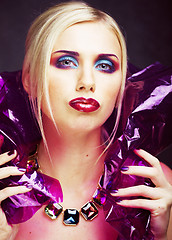 Image showing beauty woman with creative make up, many fingers on face close u