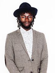 Image showing young handsome afro american boy in stylish hipster hat gesturin