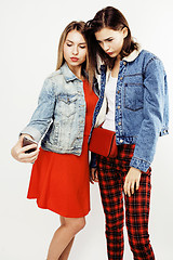 Image showing best friends teenage girls together having fun, posing emotional on white background, besties happy smiling, lifestyle people concept