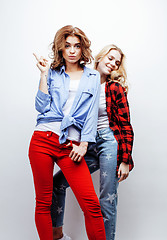 Image showing two pretty blond woman having fun together on white background, mature mother and young teenage daughter, lifestyle people concept