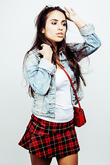 Image showing young happy smiling latin american teenage girl emotional posing on white background, lifestyle people concept, school uniform wearing glasses