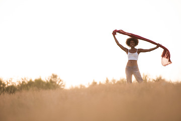 Image showing black girl dances outdoors in a meadow