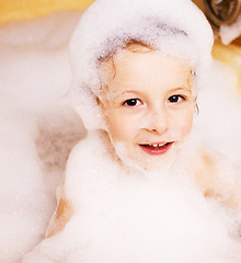 Image showing little cute boy in bathroom with bubbles close up, lifestyle people concept