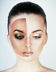 Image showing half faced woman before tanning and after, creative make up