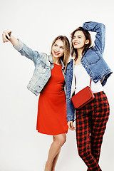 Image showing best friends teenage girls together having fun, posing emotional on white background, besties happy smiling, lifestyle people concept