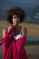 Image showing outdoor portrait of a black woman with a scarf