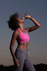 Image showing african american woman drinking water after jogging in nature