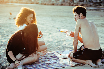 Image showing pretty diverse nation and age friends on sea coast having fun, lifestyle people concept on beach vacations