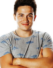 Image showing young handsome brunete man emotional posing on white background 