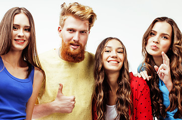 Image showing company of hipster guys, bearded red hair boy and girls students having fun together friends, diverse fashion style, lifestyle people concept isolated on white background