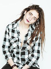 Image showing real caucasian woman with dreadlocks hairstyle funny cheerful fa