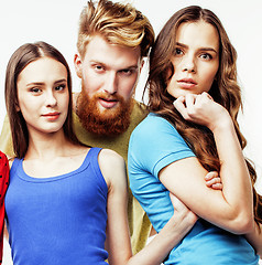 Image showing company of hipster guys, bearded red hair boy and girls students having fun together friends, diverse fashion style, lifestyle people concept isolated on white background