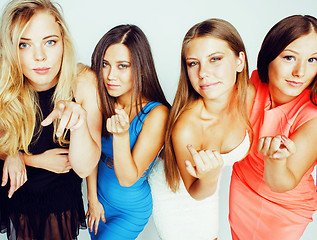 Image showing many girlfriends hugging celebration on white background, smiling talking chat close up, lifestyle people concept