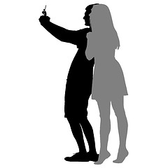 Image showing Silhouettes man and woman taking selfie with smartphone on white background. illustration