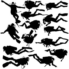 Image showing Set black silhouette scuba divers. illustration