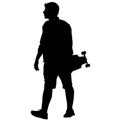 Image showing Black silhouettes man with skateboard in hand on white background. illustration