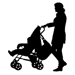 Image showing Black silhouettes Family with pram on white background. illustration