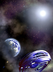 Image showing Space scenario. Abstract fantastic Space ship and the Earth in the Space