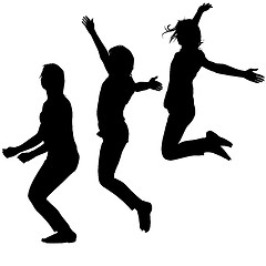 Image showing Silhouette of three young girls jumping with hands up, motion. illustration