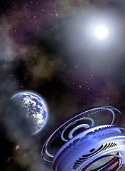 Image showing Space scenario. Abstract fantastic Space ship and the Earth in the Space