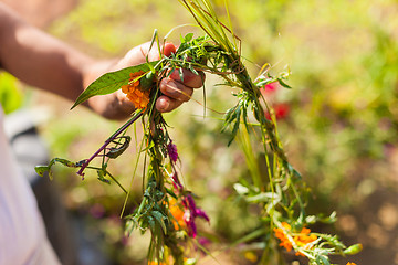 Image showing Flower and grass garlands for Tihar in Nepal