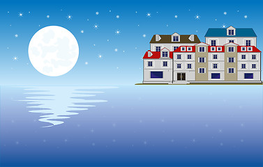 Image showing Moon on ocean and city