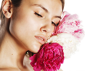 Image showing young beauty woman with flower peony pink closeup makeup soft te