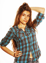 Image showing young pretty woman posing on white background isolated emotional