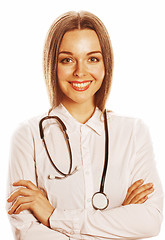 Image showing young pretty woman doctor with stethoscope on white background 