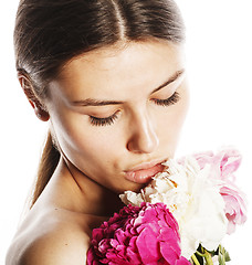 Image showing young beauty woman with flower peony pink closeup makeup soft te