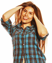 Image showing young pretty woman posing on white background isolated emotional