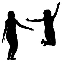 Image showing Silhouette of three young girls jumping with hands up, motion. illustration